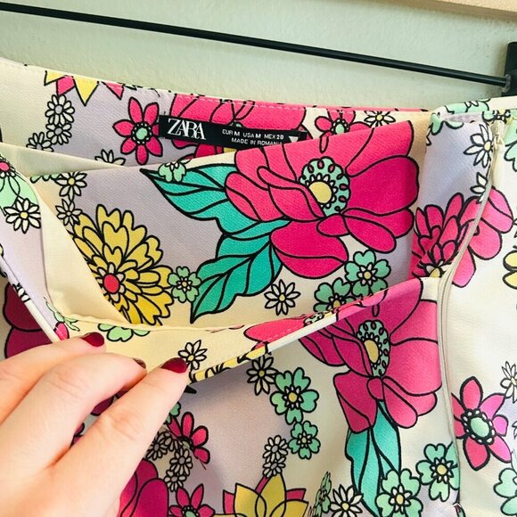 Zara Only One Floral Mini Skirt Size Medium High Rise Pink Purple Flowers Bright - Picture 6 of 10
